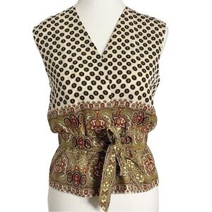 Anthropologie Fei 100% Silk Mix Print Tie-Front Peplum Blouse Boho Eclectic Y2K